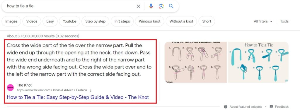 Example of how to tie a tie as featured snippet 